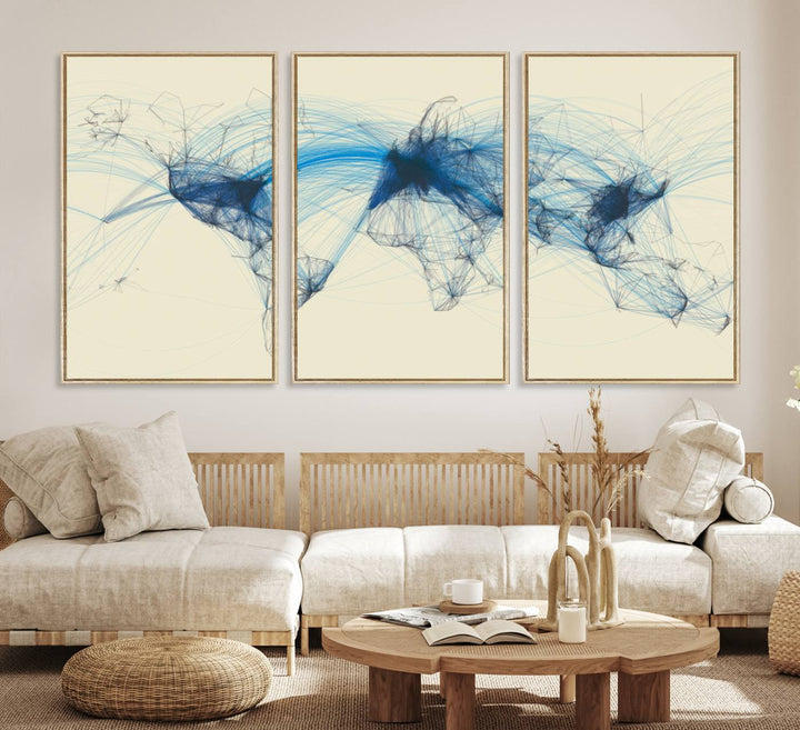 Map-Blue-Contract-MGV-CV-36X24-Flight Routes Map art Air Traffic Avi World Map with Blue Connections Canvas Wall Art – Modern Abstract Global Network - Ready to Hang