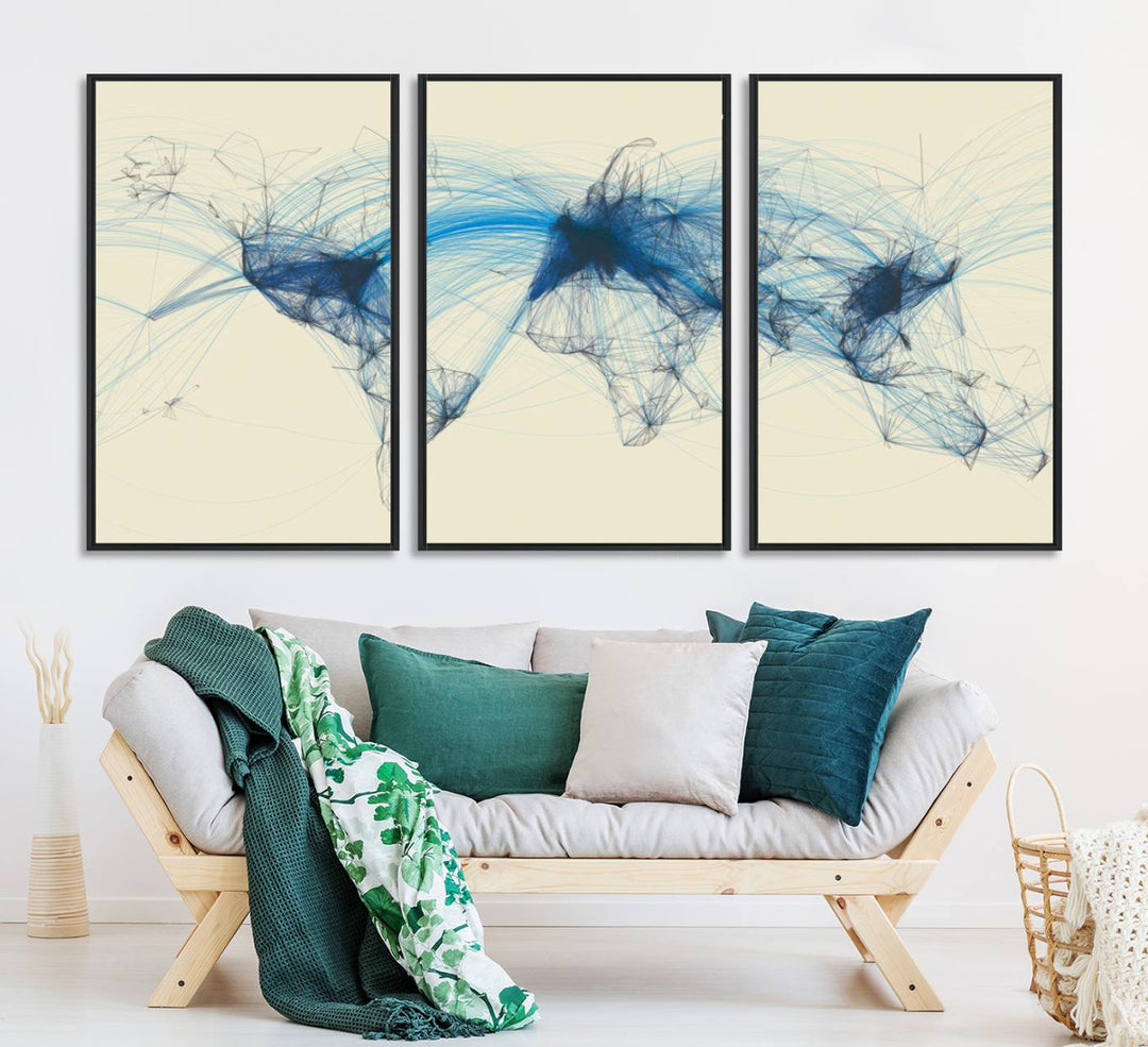 Map-Blue-Contract-MGV-CV-36X24-Flight Routes Map art Air Traffic Avi World Map with Blue Connections Canvas Wall Art – Modern Abstract Global Network - Ready to Hang