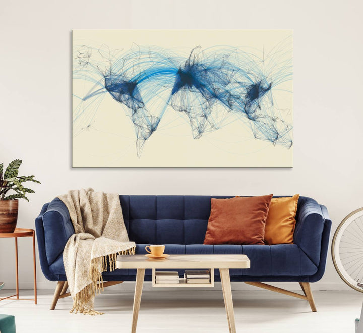 Map-Blue-Contract-MGV-CV-36X24-Flight Routes Map art Air Traffic Avi World Map with Blue Connections Canvas Wall Art – Modern Abstract Global Network - Ready to Hang