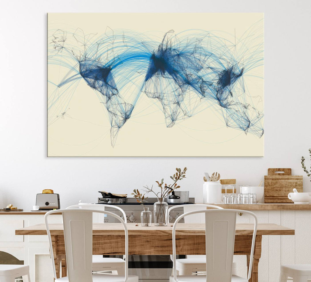 Map-Blue-Contract-MGV-CV-36X24-Flight Routes Map art Air Traffic Avi World Map with Blue Connections Canvas Wall Art – Modern Abstract Global Network - Ready to Hang
