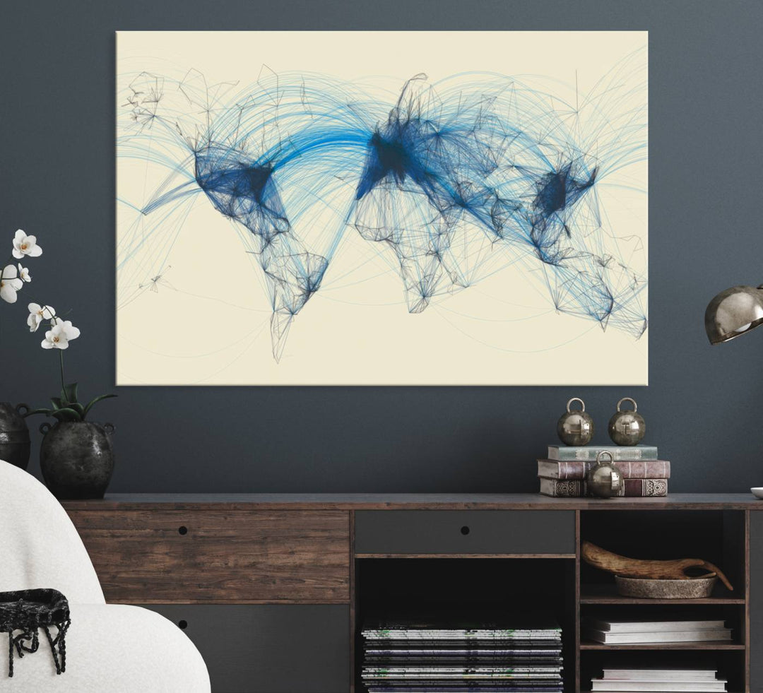 Map-Blue-Contract-MGV-CV-36X24-Flight Routes Map art Air Traffic Avi World Map with Blue Connections Canvas Wall Art – Modern Abstract Global Network - Ready to Hang