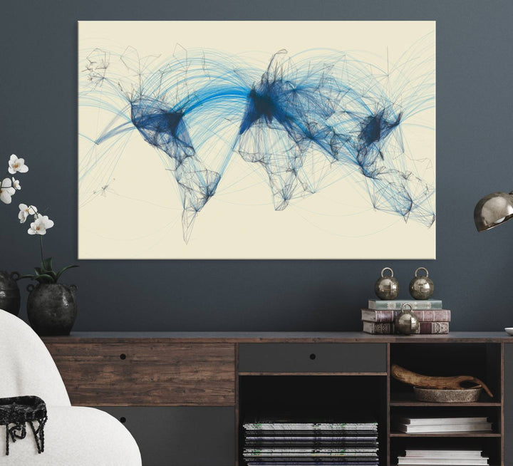 Map-Blue-Contract-MGV-CV-36X24-Flight Routes Map art Air Traffic Avi World Map with Blue Connections Canvas Wall Art – Modern Abstract Global Network - Ready to Hang