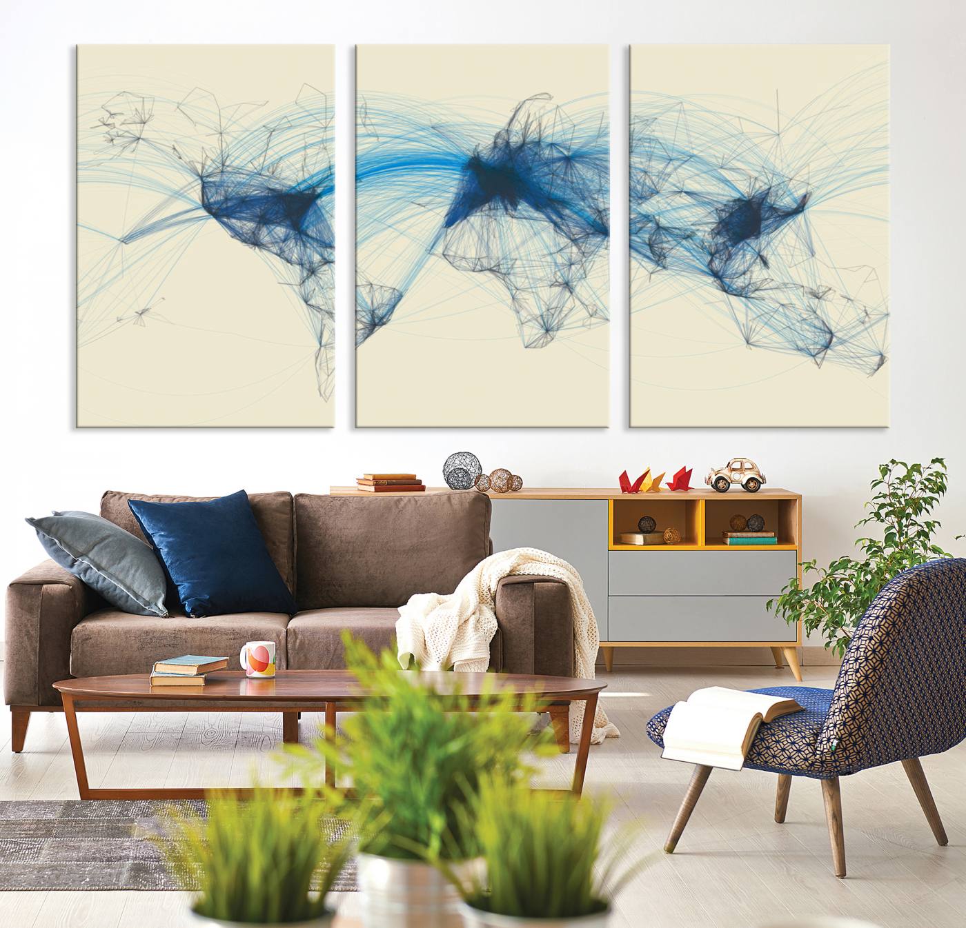 Map-Blue-Contract-MGV-CV-36X24-Flight Routes Map art Air Traffic Avi World Map with Blue Connections Canvas Wall Art – Modern Abstract Global Network - Ready to Hang