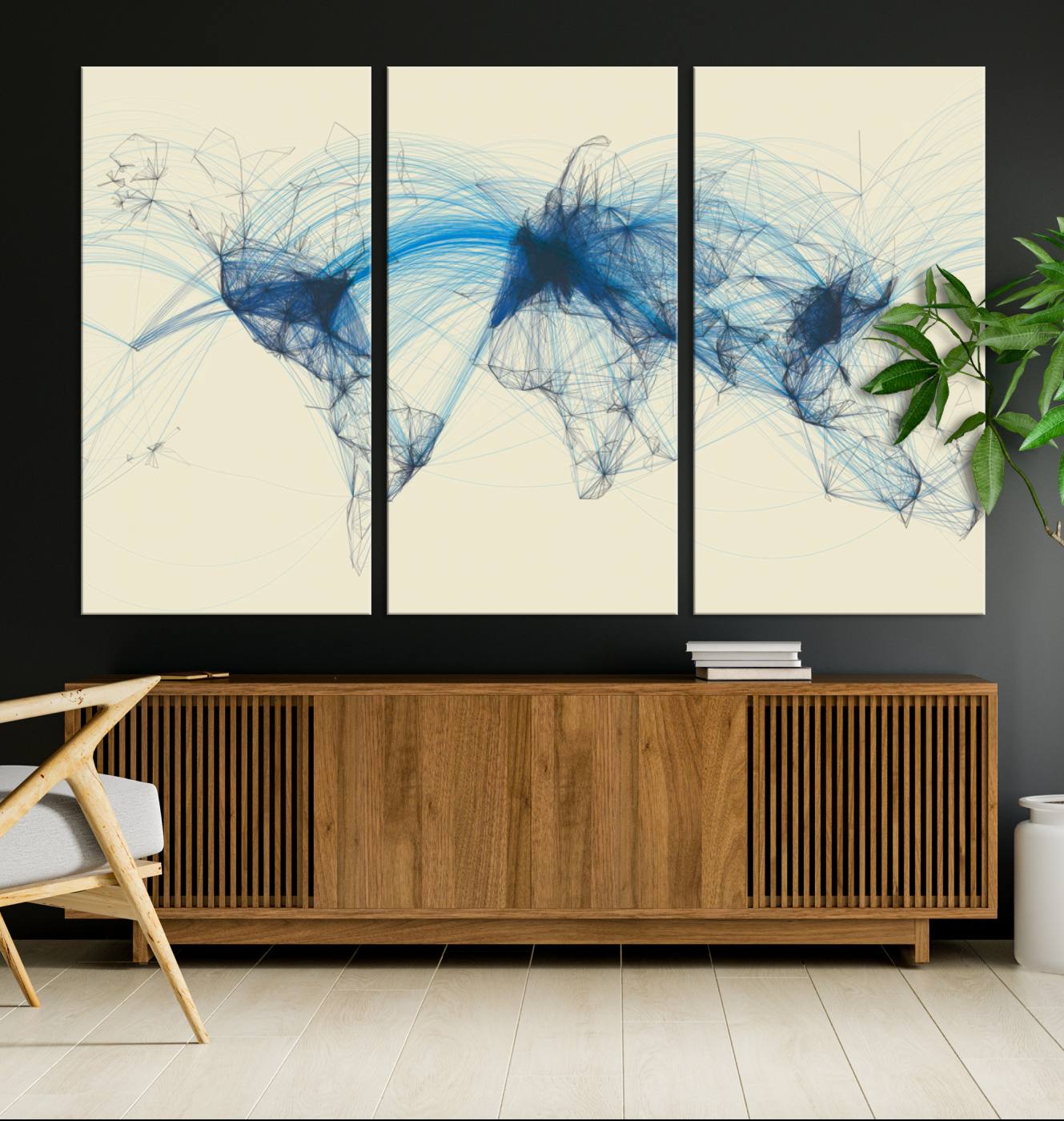 Map-Blue-Contract-MGV-CV-36X24-Flight Routes Map art Air Traffic Avi World Map with Blue Connections Canvas Wall Art – Modern Abstract Global Network - Ready to Hang