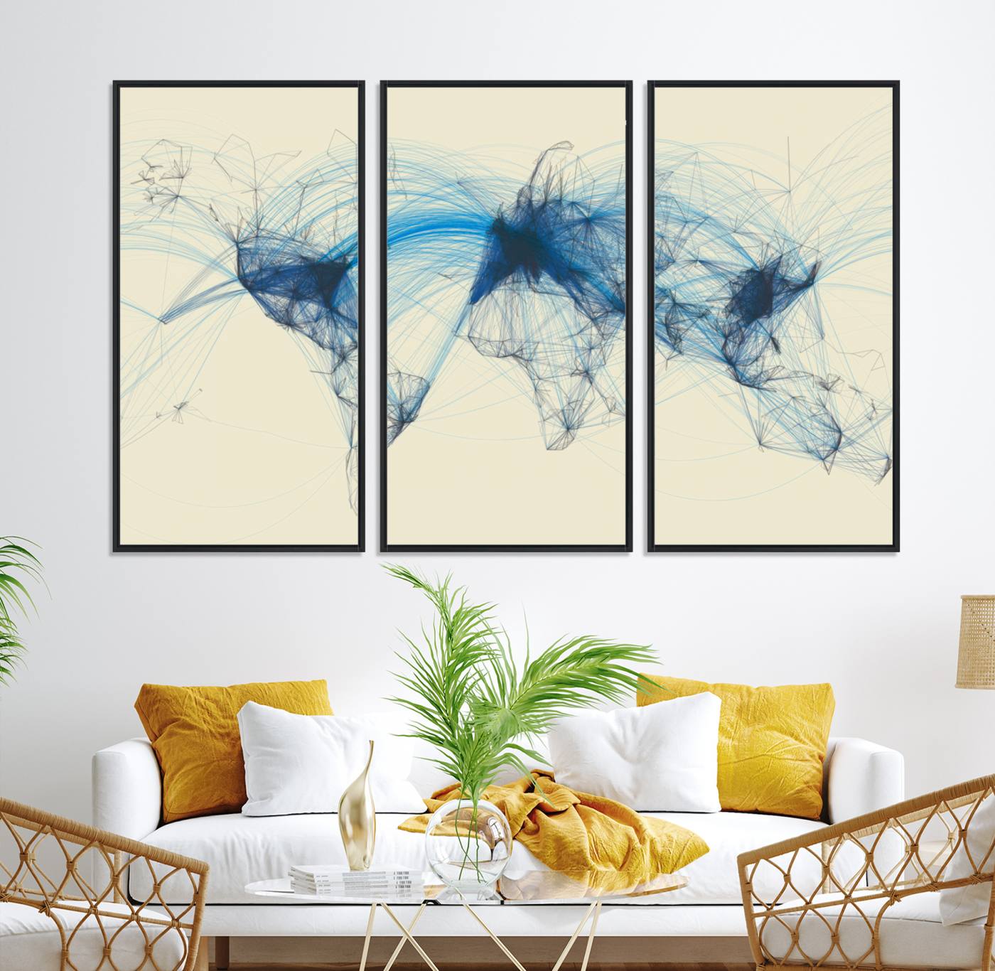 Map-Blue-Contract-MGV-CV-36X24-Flight Routes Map art Air Traffic Avi World Map with Blue Connections Canvas Wall Art – Modern Abstract Global Network - Ready to Hang