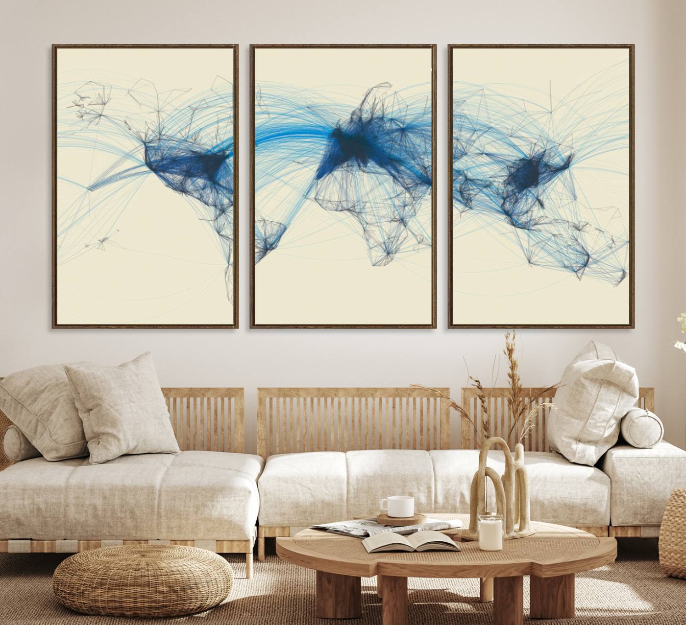 Map-Blue-Contract-MGV-CV-36X24-Flight Routes Map art Air Traffic Avi World Map with Blue Connections Canvas Wall Art – Modern Abstract Global Network - Ready to Hang