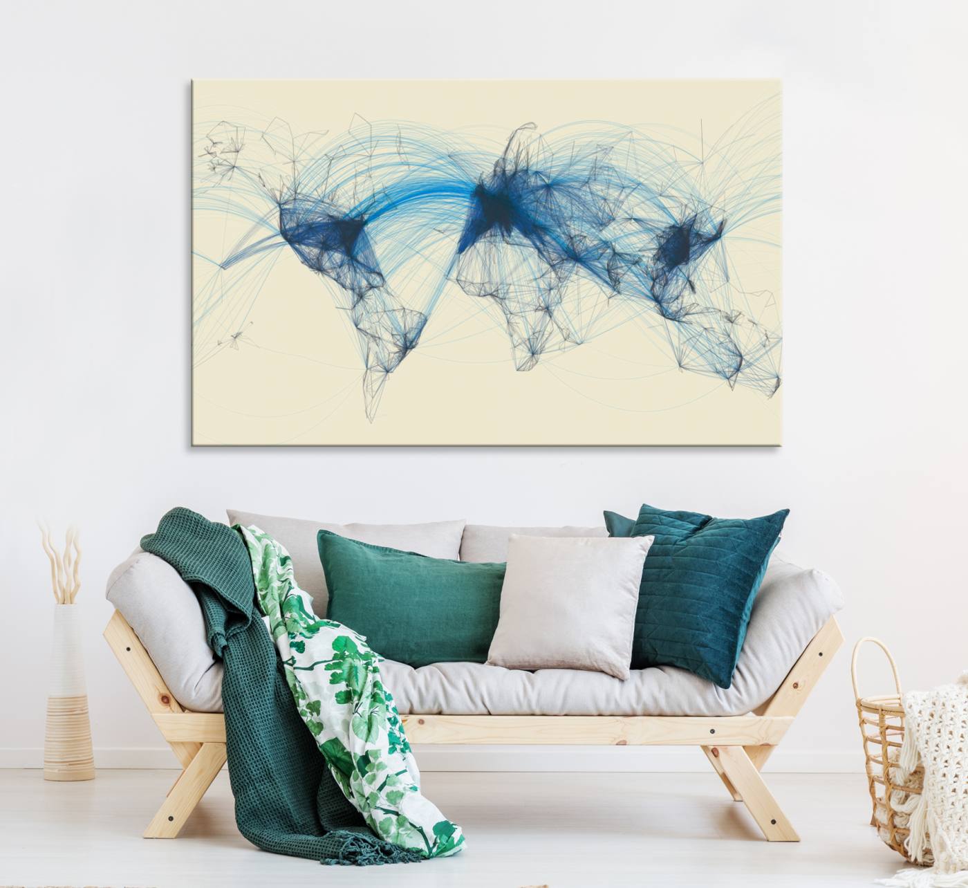Map-Blue-Contract-MGV-CV-36X24-Flight Routes Map art Air Traffic Avi World Map with Blue Connections Canvas Wall Art – Modern Abstract Global Network - Ready to Hang