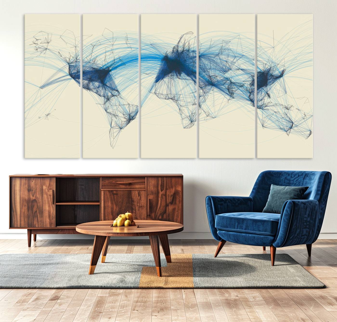 Map-Blue-Contract-MGV-CV-36X24-Flight Routes Map art Air Traffic Avi World Map with Blue Connections Canvas Wall Art – Modern Abstract Global Network - Ready to Hang