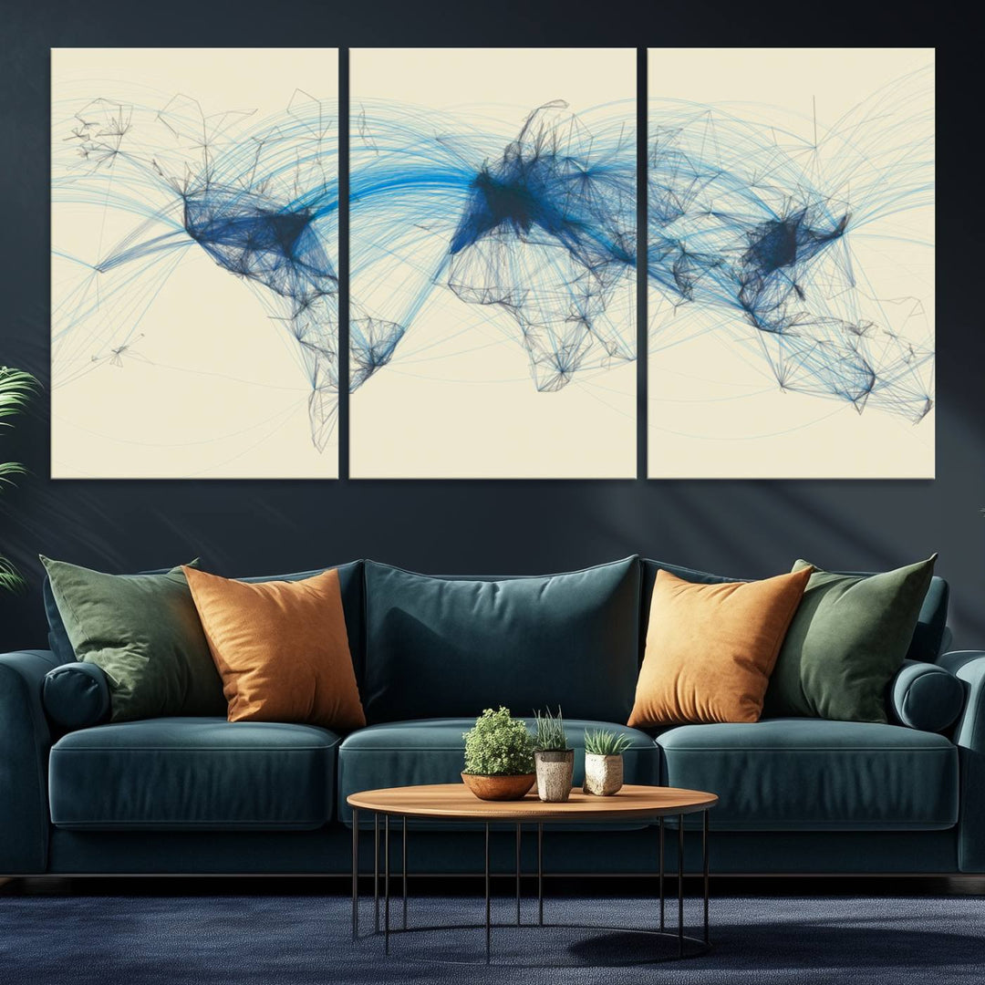 Map-Blue-Contract-MGV-CV-36X24-Flight Routes Map art Air Traffic Avi World Map with Blue Connections Canvas Wall Art – Modern Abstract Global Network - Ready to Hang