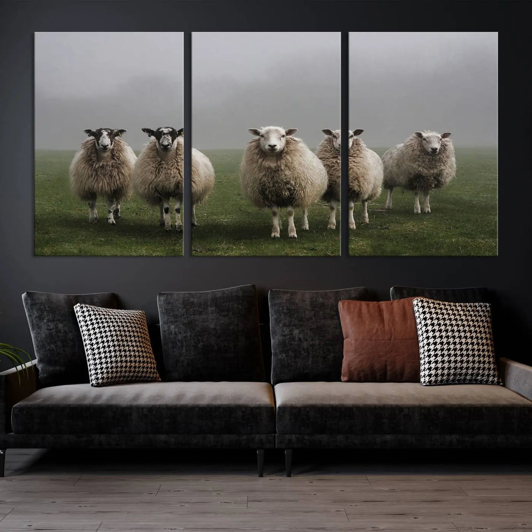 The "Flock of Sheep in a Mystical Fog" pastoral wall art canvas print, framed and ready to hang, adds a touch of farmhouse decor to the room.