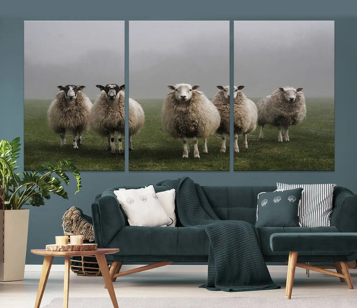 The "Flock of Sheep in a Mystical Fog" pastoral wall art canvas print, framed and ready to hang, adds a touch of farmhouse decor to the room.