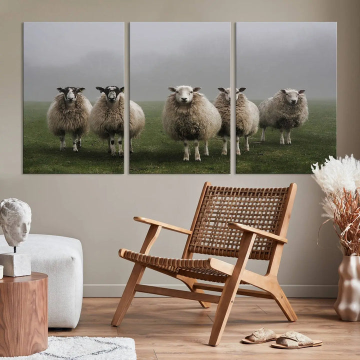 The "Flock of Sheep in a Mystical Fog" pastoral wall art canvas print, framed and ready to hang, adds a touch of farmhouse decor to the room.