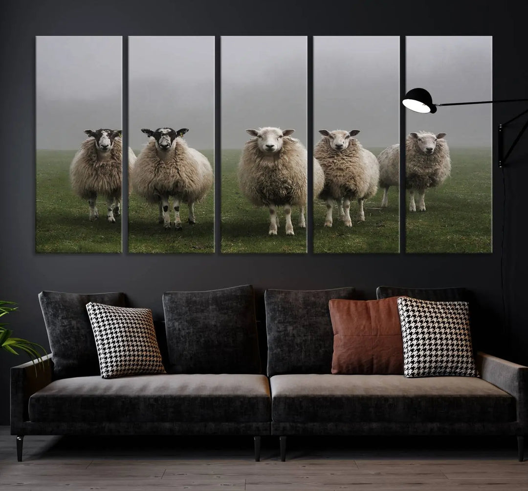 The "Flock of Sheep in a Mystical Fog" pastoral wall art canvas print, framed and ready to hang, adds a touch of farmhouse decor to the room.