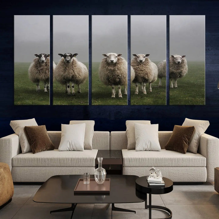 The "Flock of Sheep in a Mystical Fog" pastoral wall art canvas print, framed and ready to hang, adds a touch of farmhouse decor to the room.