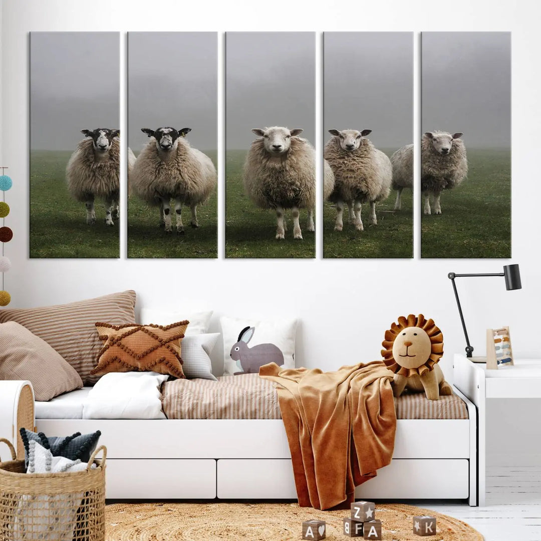 The "Flock of Sheep in a Mystical Fog" pastoral wall art canvas print, framed and ready to hang, adds a touch of farmhouse decor to the room.