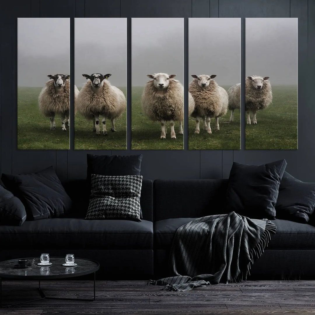 The "Flock of Sheep in a Mystical Fog" pastoral wall art canvas print, framed and ready to hang, adds a touch of farmhouse decor to the room.