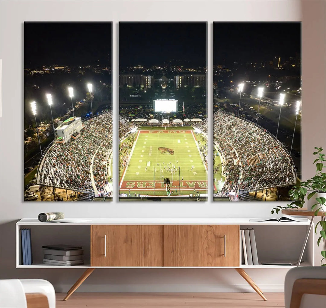 A museum-quality canvas depicting an aerial view of Tallahassee's Bragg Memorial Stadium, home of the Florida A&M Rattlers, brightly lit at night.