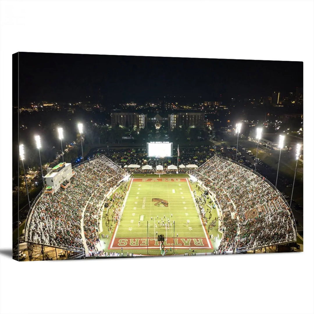 A museum-quality canvas depicting an aerial view of Tallahassee's Bragg Memorial Stadium, home of the Florida A&M Rattlers, brightly lit at night.