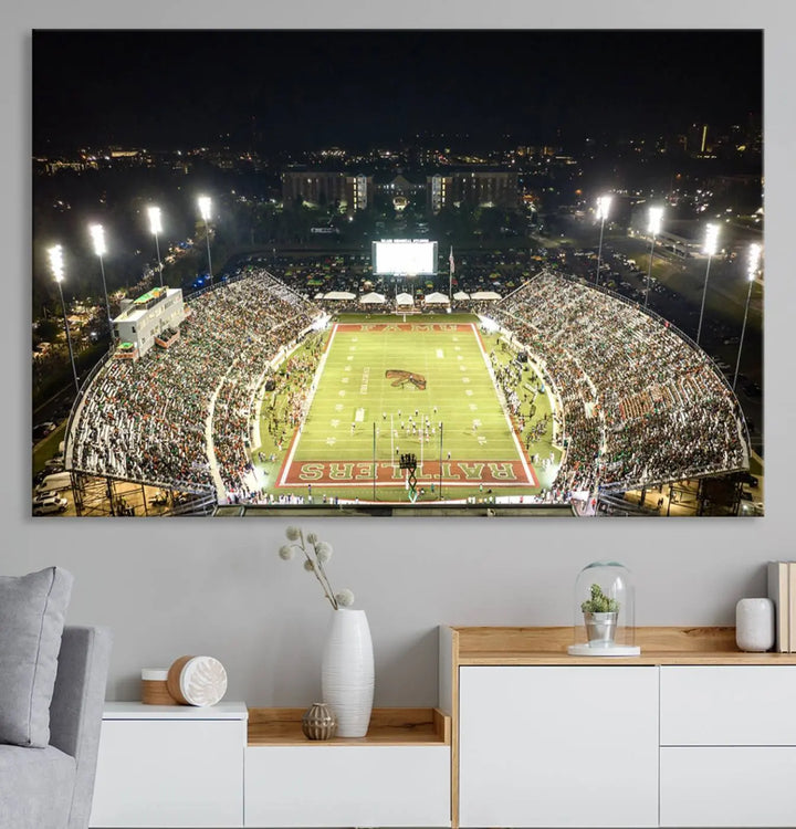 A museum-quality canvas depicting an aerial view of Tallahassee's Bragg Memorial Stadium, home of the Florida A&M Rattlers, brightly lit at night.