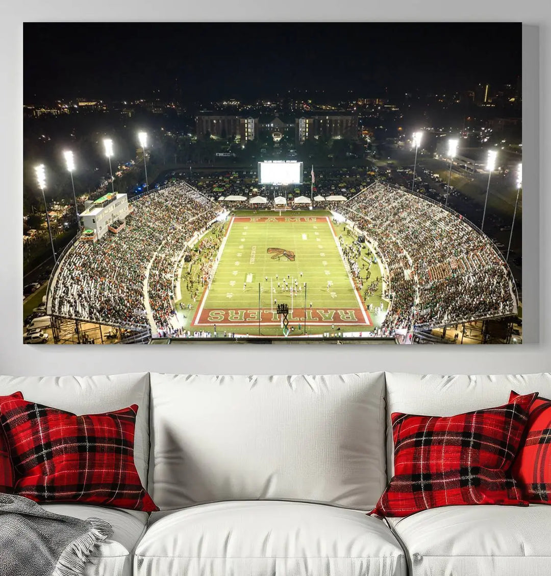 A museum-quality canvas depicting an aerial view of Tallahassee's Bragg Memorial Stadium, home of the Florida A&M Rattlers, brightly lit at night.