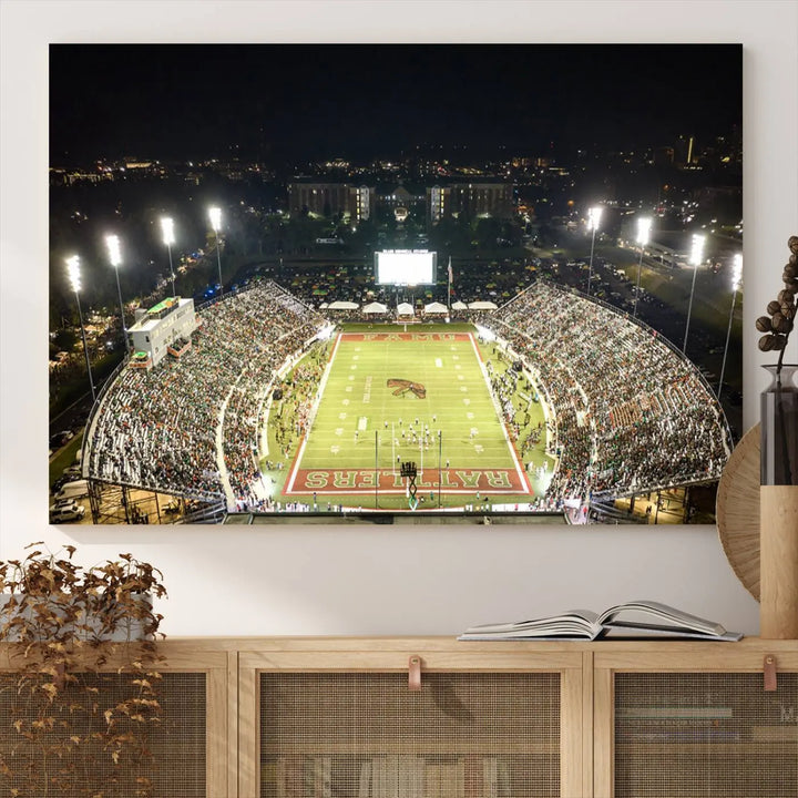 A museum-quality canvas depicting an aerial view of Tallahassee's Bragg Memorial Stadium, home of the Florida A&M Rattlers, brightly lit at night.