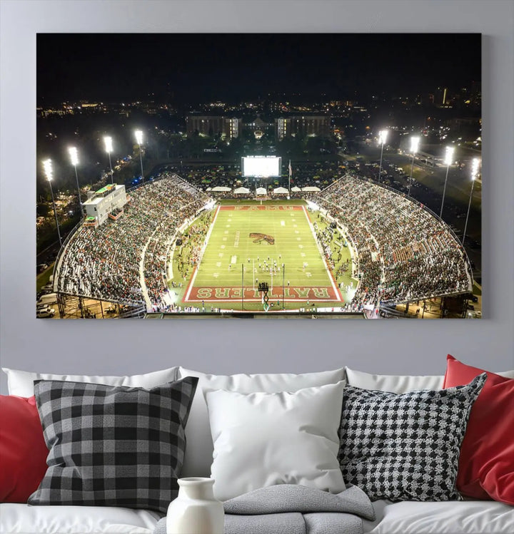 A museum-quality canvas depicting an aerial view of Tallahassee's Bragg Memorial Stadium, home of the Florida A&M Rattlers, brightly lit at night.