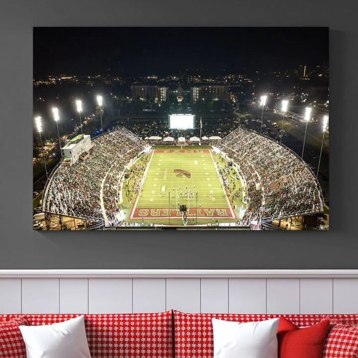 A museum-quality canvas depicting an aerial view of Tallahassee's Bragg Memorial Stadium, home of the Florida A&M Rattlers, brightly lit at night.