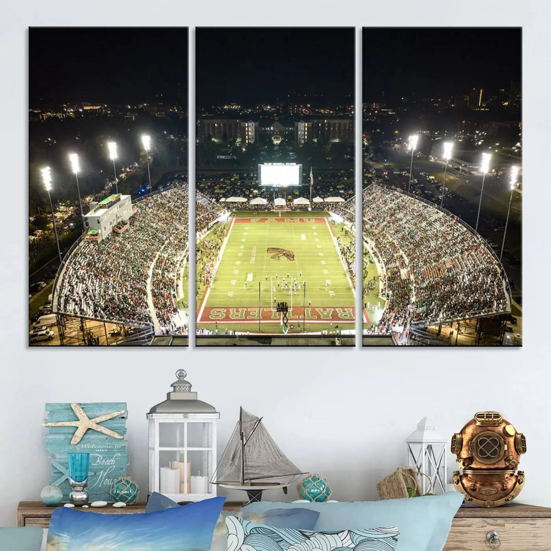 A museum-quality canvas depicting an aerial view of Tallahassee's Bragg Memorial Stadium, home of the Florida A&M Rattlers, brightly lit at night.