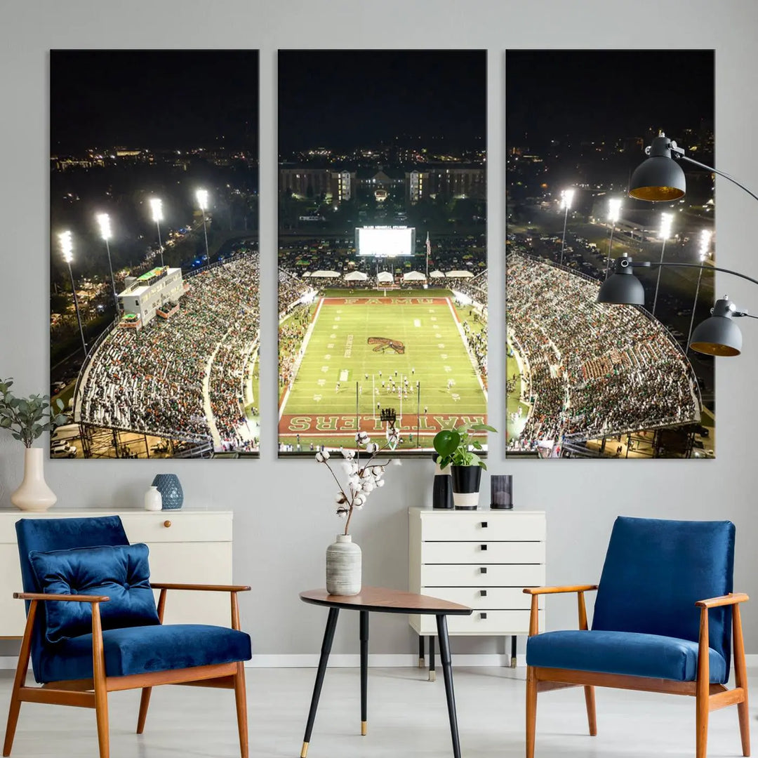 A museum-quality canvas depicting an aerial view of Tallahassee's Bragg Memorial Stadium, home of the Florida A&M Rattlers, brightly lit at night.