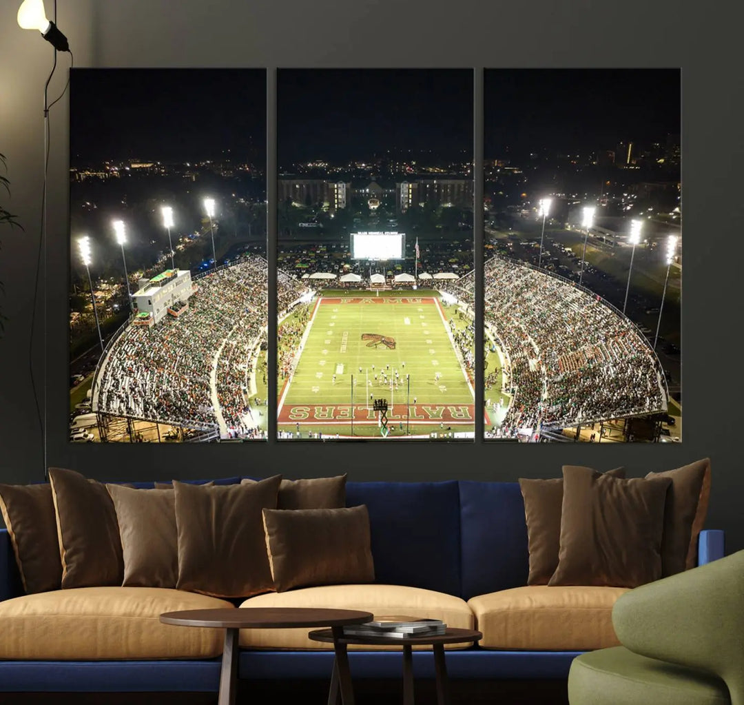 A museum-quality canvas depicting an aerial view of Tallahassee's Bragg Memorial Stadium, home of the Florida A&M Rattlers, brightly lit at night.