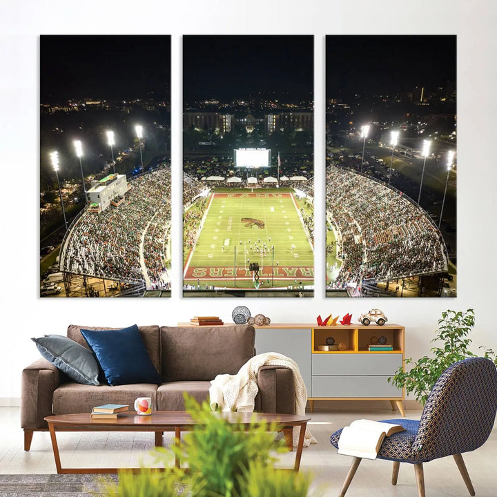 A museum-quality canvas depicting an aerial view of Tallahassee's Bragg Memorial Stadium, home of the Florida A&M Rattlers, brightly lit at night.