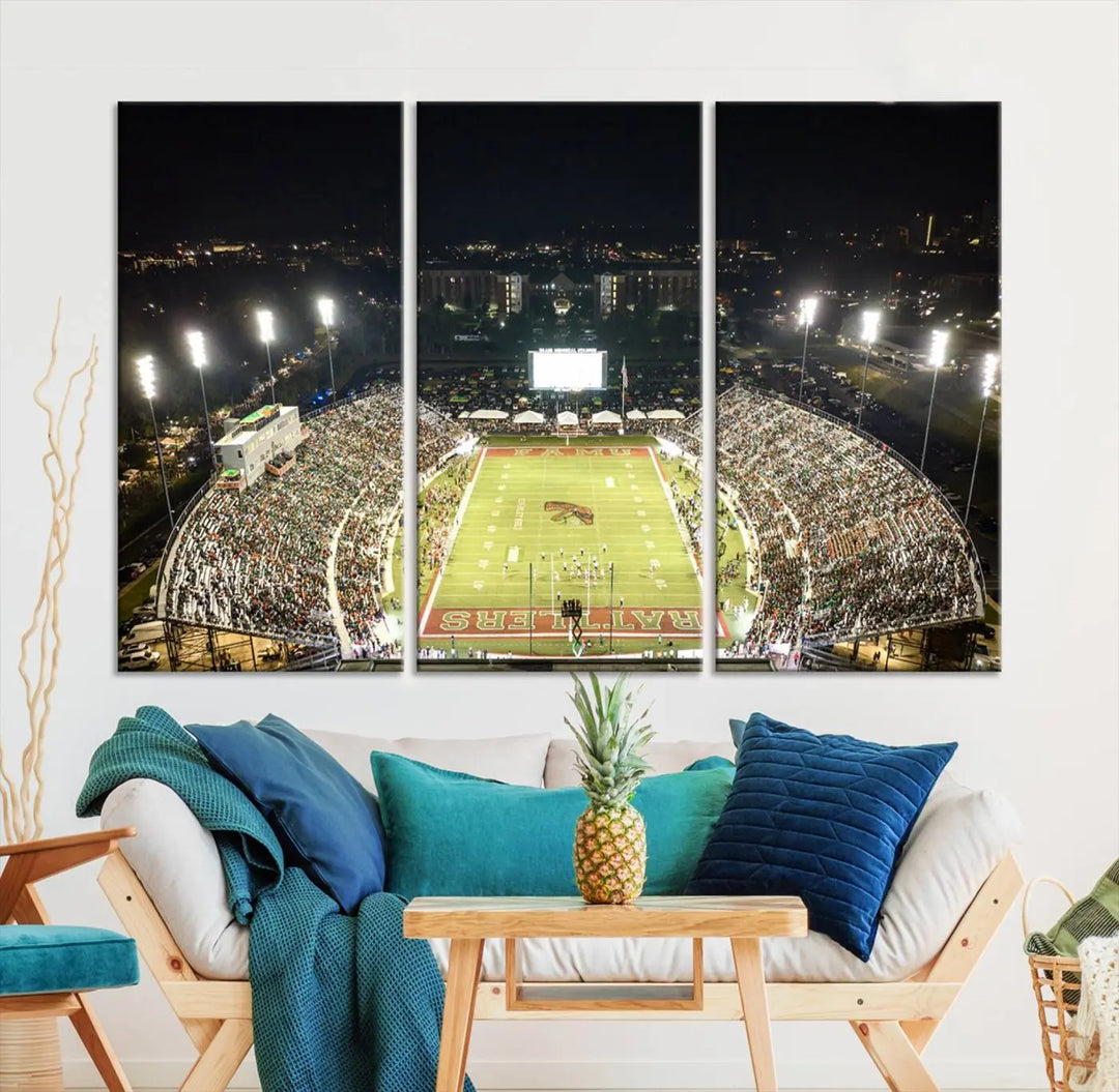 A museum-quality canvas depicting an aerial view of Tallahassee's Bragg Memorial Stadium, home of the Florida A&M Rattlers, brightly lit at night.