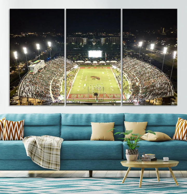 A museum-quality canvas depicting an aerial view of Tallahassee's Bragg Memorial Stadium, home of the Florida A&M Rattlers, brightly lit at night.