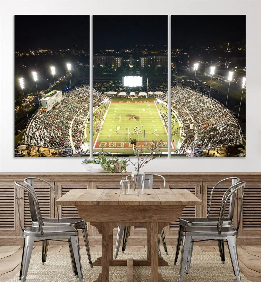 A museum-quality canvas depicting an aerial view of Tallahassee's Bragg Memorial Stadium, home of the Florida A&M Rattlers, brightly lit at night.