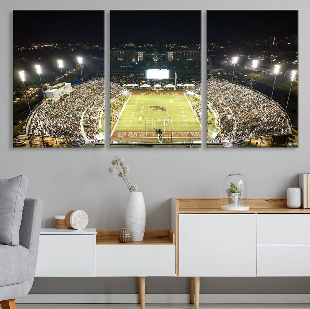 A museum-quality canvas depicting an aerial view of Tallahassee's Bragg Memorial Stadium, home of the Florida A&M Rattlers, brightly lit at night.