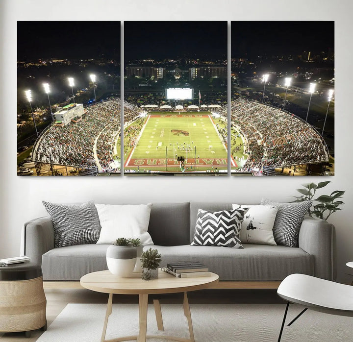 A museum-quality canvas depicting an aerial view of Tallahassee's Bragg Memorial Stadium, home of the Florida A&M Rattlers, brightly lit at night.