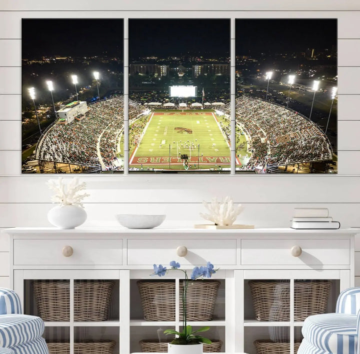 A museum-quality canvas depicting an aerial view of Tallahassee's Bragg Memorial Stadium, home of the Florida A&M Rattlers, brightly lit at night.