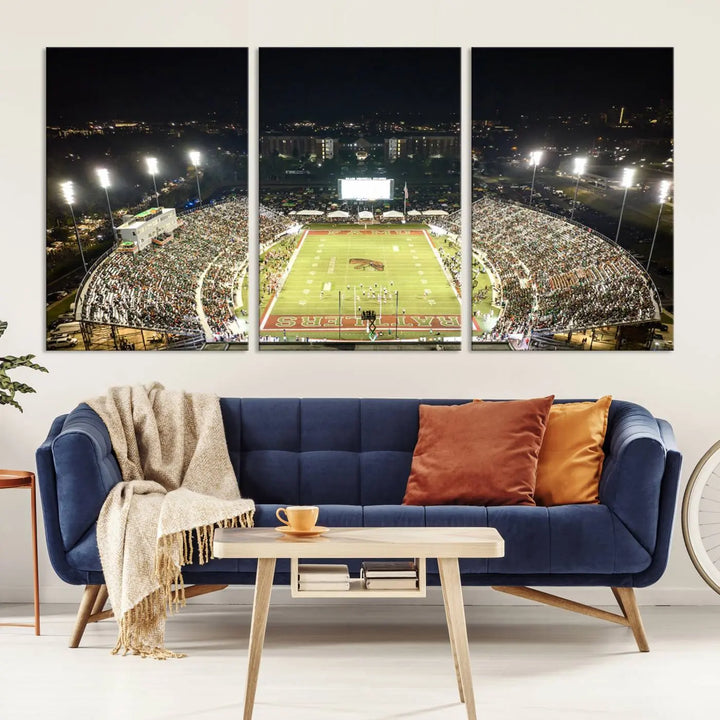 A museum-quality canvas depicting an aerial view of Tallahassee's Bragg Memorial Stadium, home of the Florida A&M Rattlers, brightly lit at night.