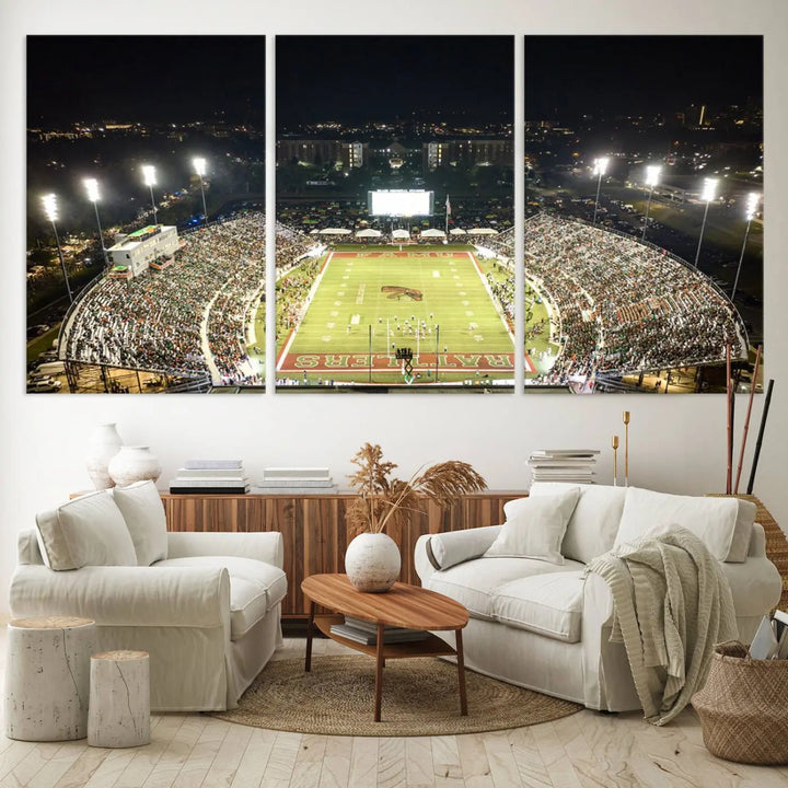 A museum-quality canvas depicting an aerial view of Tallahassee's Bragg Memorial Stadium, home of the Florida A&M Rattlers, brightly lit at night.