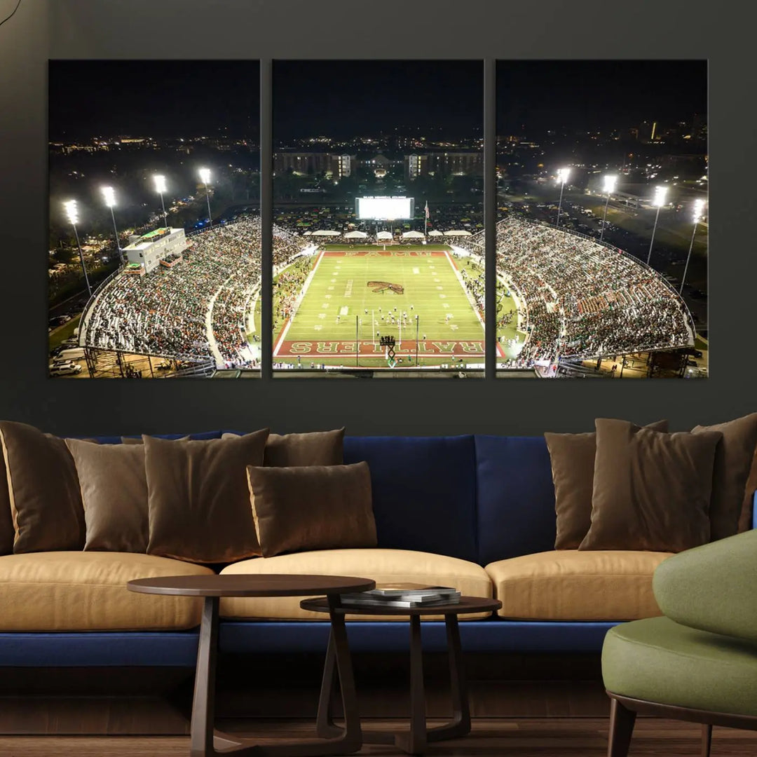 A museum-quality canvas depicting an aerial view of Tallahassee's Bragg Memorial Stadium, home of the Florida A&M Rattlers, brightly lit at night.