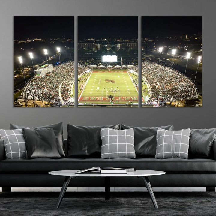 A museum-quality canvas depicting an aerial view of Tallahassee's Bragg Memorial Stadium, home of the Florida A&M Rattlers, brightly lit at night.