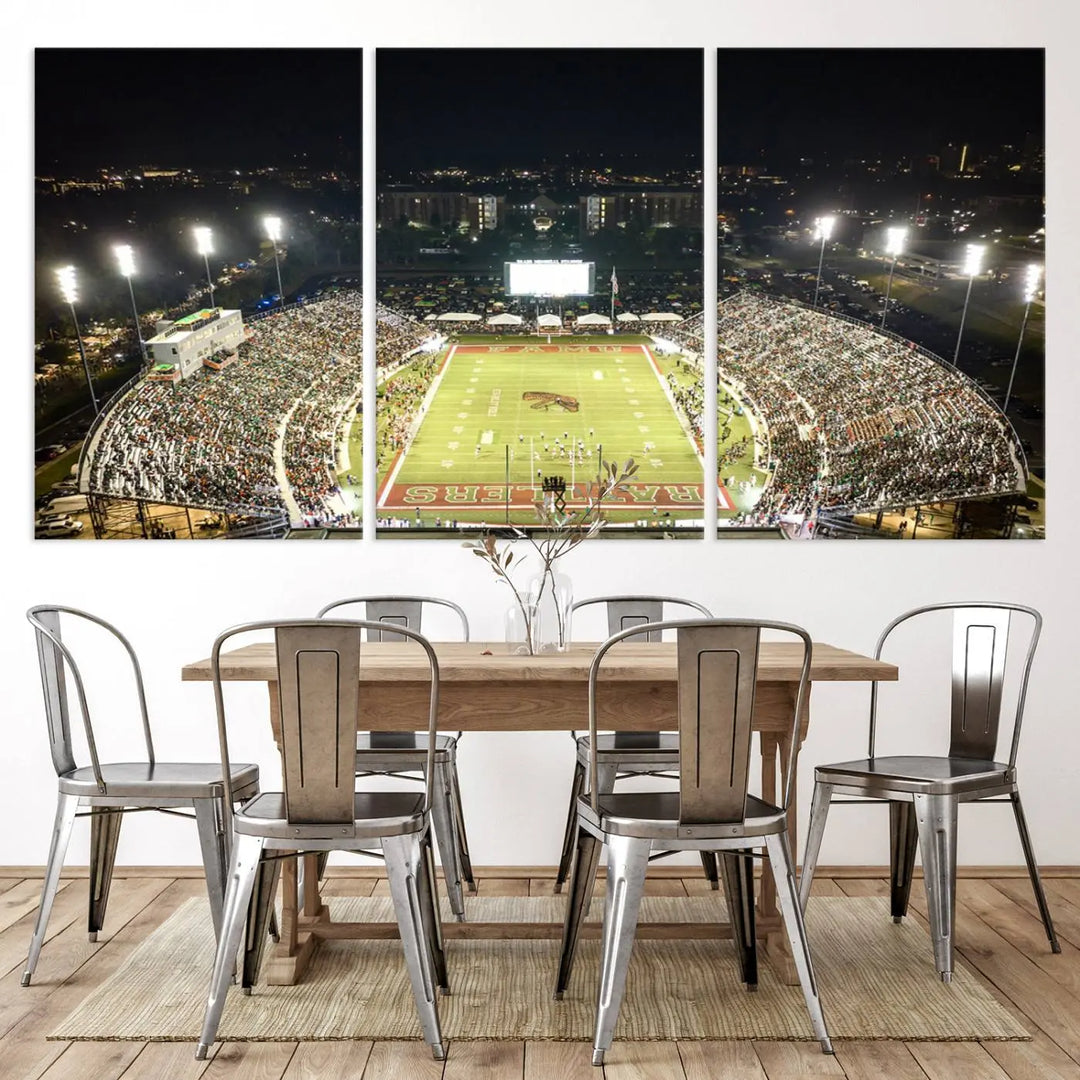 A museum-quality canvas depicting an aerial view of Tallahassee's Bragg Memorial Stadium, home of the Florida A&M Rattlers, brightly lit at night.