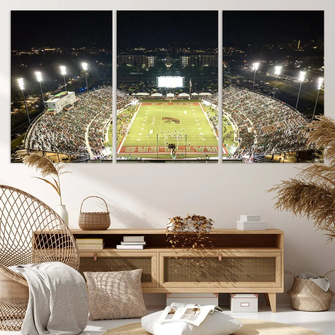 A museum-quality canvas depicting an aerial view of Tallahassee's Bragg Memorial Stadium, home of the Florida A&M Rattlers, brightly lit at night.