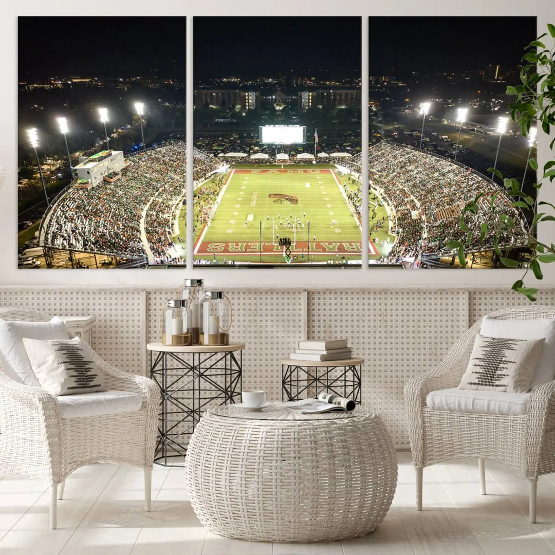 A museum-quality canvas depicting an aerial view of Tallahassee's Bragg Memorial Stadium, home of the Florida A&M Rattlers, brightly lit at night.