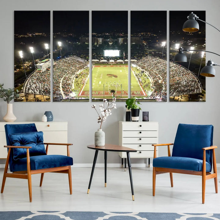 A museum-quality canvas depicting an aerial view of Tallahassee's Bragg Memorial Stadium, home of the Florida A&M Rattlers, brightly lit at night.