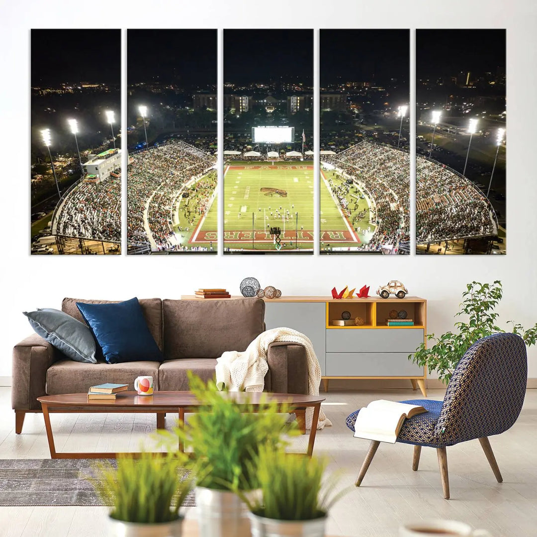 A museum-quality canvas depicting an aerial view of Tallahassee's Bragg Memorial Stadium, home of the Florida A&M Rattlers, brightly lit at night.