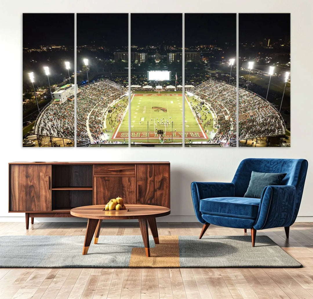 A museum-quality canvas depicting an aerial view of Tallahassee's Bragg Memorial Stadium, home of the Florida A&M Rattlers, brightly lit at night.