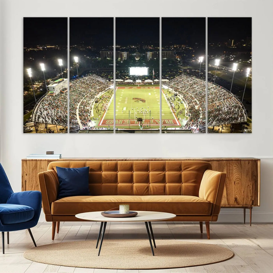 A museum-quality canvas depicting an aerial view of Tallahassee's Bragg Memorial Stadium, home of the Florida A&M Rattlers, brightly lit at night.