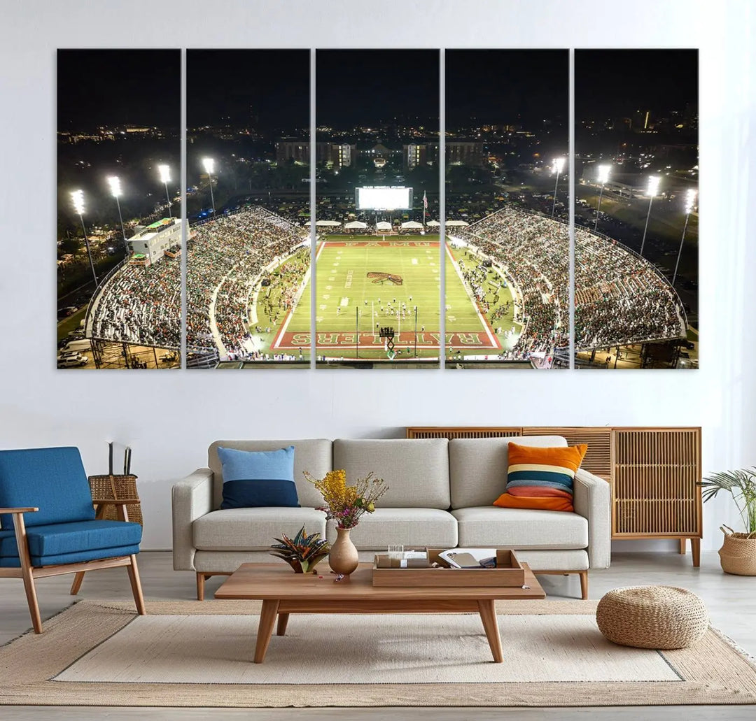 A museum-quality canvas depicting an aerial view of Tallahassee's Bragg Memorial Stadium, home of the Florida A&M Rattlers, brightly lit at night.