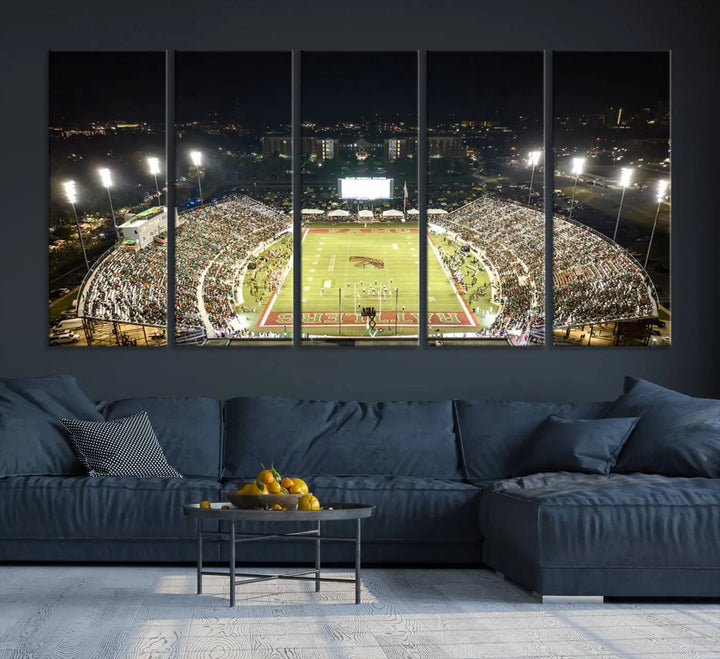 A museum-quality canvas depicting an aerial view of Tallahassee's Bragg Memorial Stadium, home of the Florida A&M Rattlers, brightly lit at night.